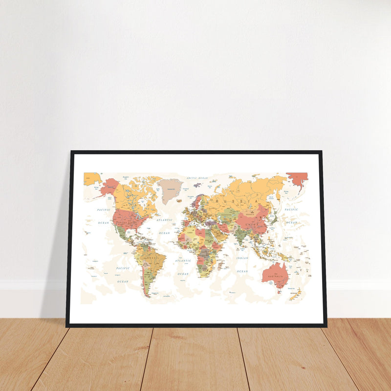 Mapa Mundial Impreso en Papel Premium Mate Premium con Marco de Madera