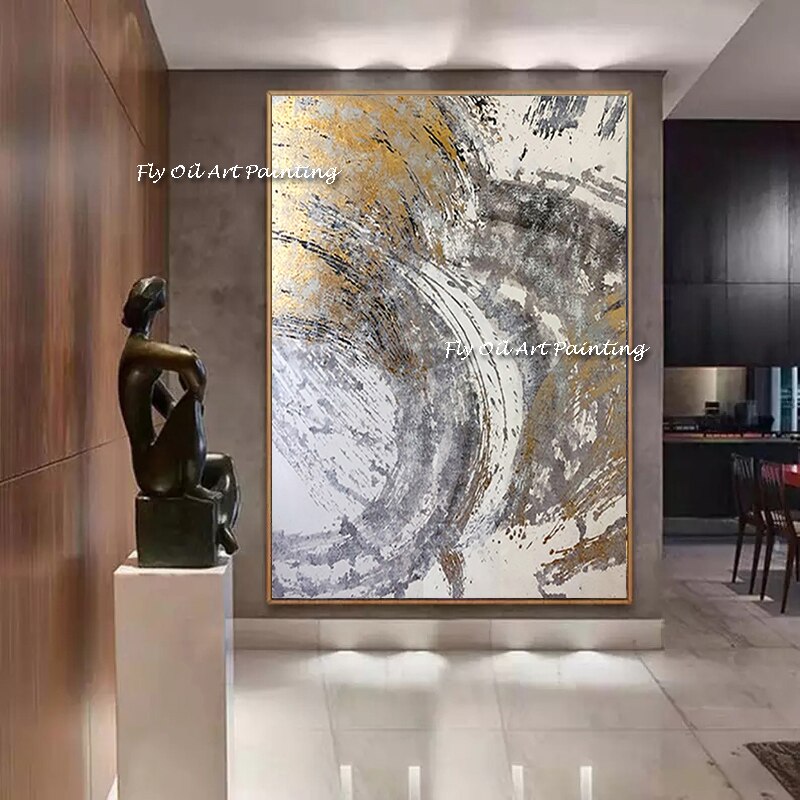100% pinturas doradas abstractas modernas hechas a mano, simples y bonitas, lámina dorada marrón, pintura al óleo gruesa, imagen artística de pared para decoración del hogar