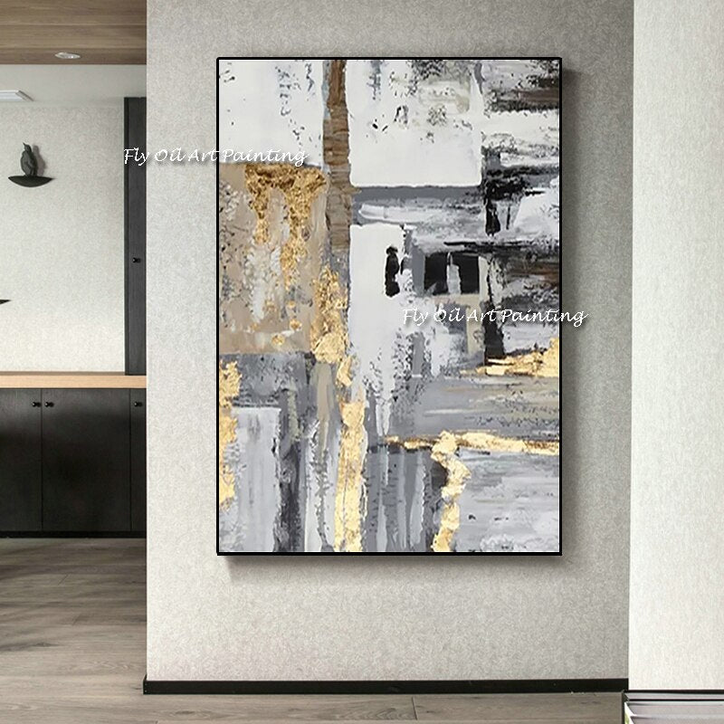 100% pinturas doradas abstractas modernas hechas a mano, simples y bonitas, lámina dorada marrón, pintura al óleo gruesa, imagen artística de pared para decoración del hogar