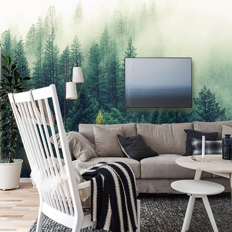 Bacaz-Papel tapiz 3D grande, murales de Papel tapiz de naturaleza, niebla, árboles, bosque, Mural de pared 3d, Papel de pared para fondo de dormitorio, pegatinas de bosque 3D