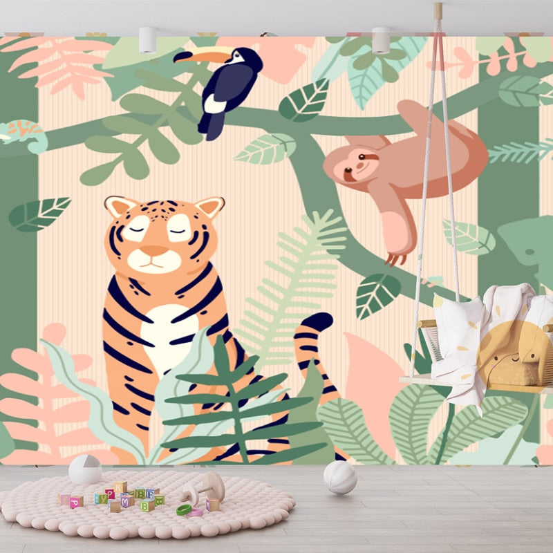 Bacaz-papel tapiz de animales de la selva para niños, Mural para guardería, dormitorio de niños, papel de pared 3D de dibujos animados, pegatinas de decoración para murales fotográficos