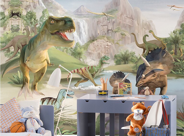 Bacaz-papel tapiz de dinosaurio de dibujos animados, Mural de Foto de pared 3d para habitación de niños, sofá, Fondo de guardería, 3d Mural de papel de pared, decoración