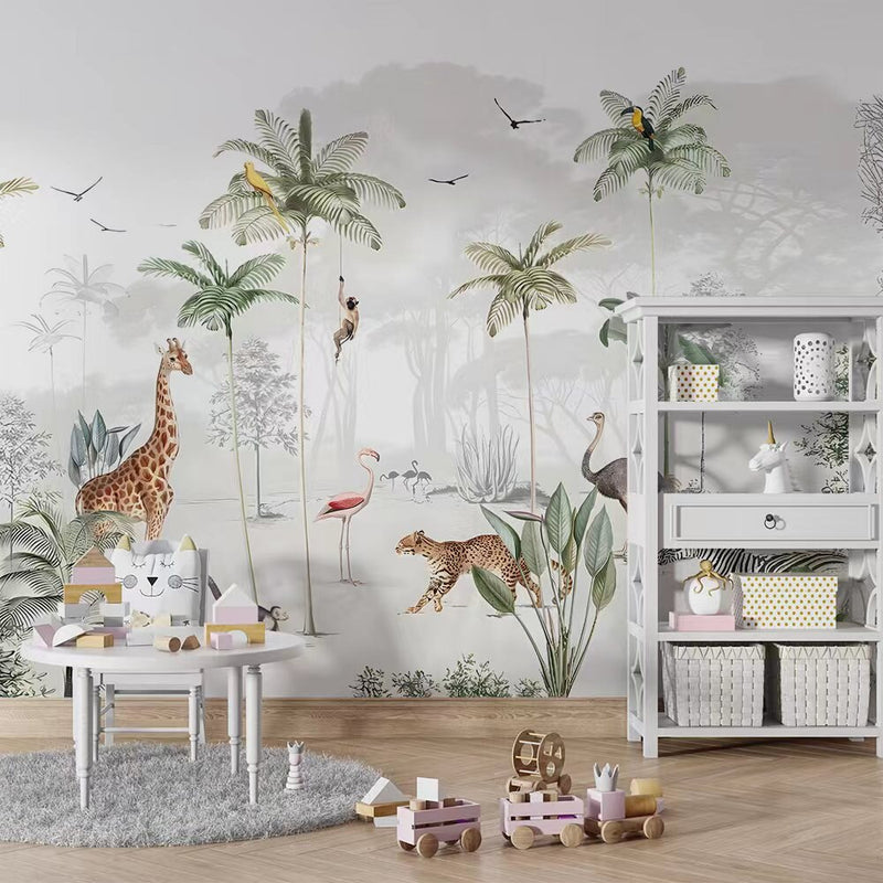 Bacaz-papel tapiz de hojas tropicales de palmera para habitación de niños, Mural de Foto de Animal de dibujos animados en 3d, decoración de jungla, guardería