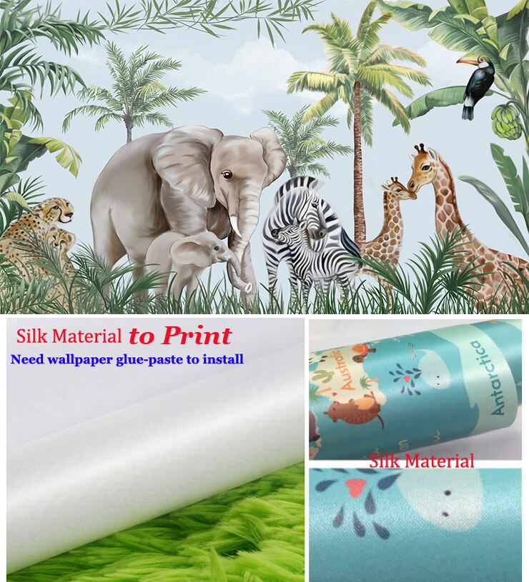 Bacaz-papel tapiz personalizado de plantas, bosque, Safari, animales de la selva, Mural de dibujos animados en 3D para decoración de pared de habitación infantil, pegatinas tropicales