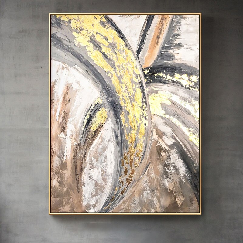 Carteles de salón de decoración moderna en la pared, pintura al óleo abstracta dibujada a mano pura sobre lienzo, imagen de lámina dorada para sala de estar