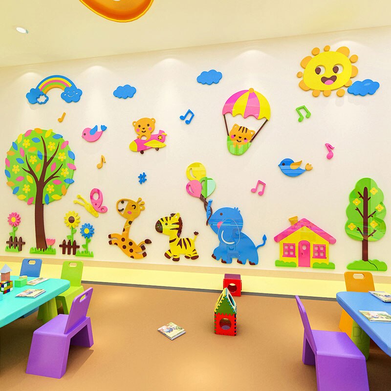 Decoración de pared de jardín de infantes para habitación de niños, pegatina de pared 3d DIY de acrílico para sala de estar, fondo escolar, arreglos de pared