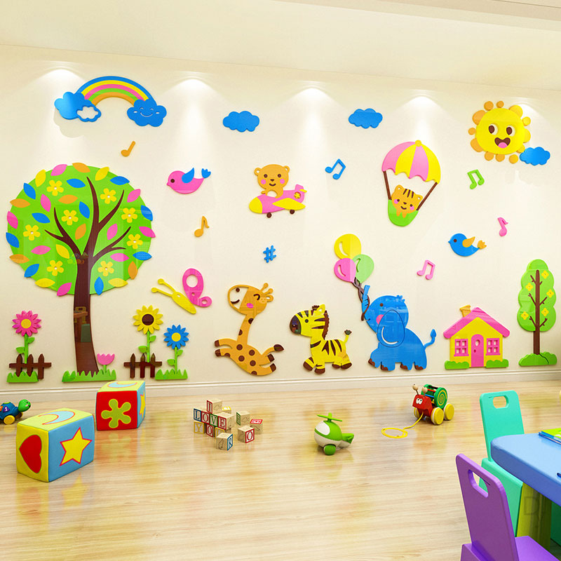 Decoración de pared de jardín de infantes para habitación de niños, pegatina de pared 3d DIY de acrílico para sala de estar, fondo escolar, arreglos de pared
