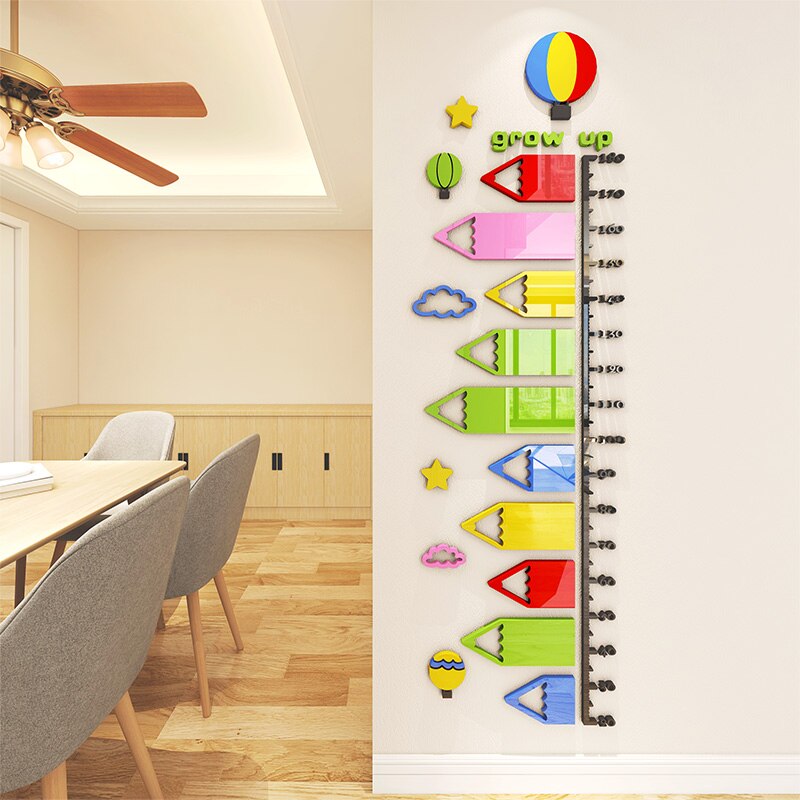 Lápiz de dibujos animados acrílico altura 3D pegatinas habitación de niños bebé crecimiento altura regla registro etiqueta de la pared decoraciones para el hogar papel tapiz