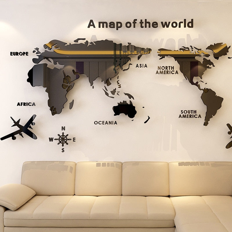 Mapa del mundo acrílico 3D de cristal sólido para pared de dormitorio, pegatinas para sala de estar, aula, Ideas de decoración de oficina
