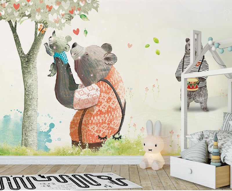 Mural de Papel pintado de animales de la selva, familia de osos, pegatinas de pared de Mural 8d para habitaciones de niños, calcomanías de pared de decoración 3D
