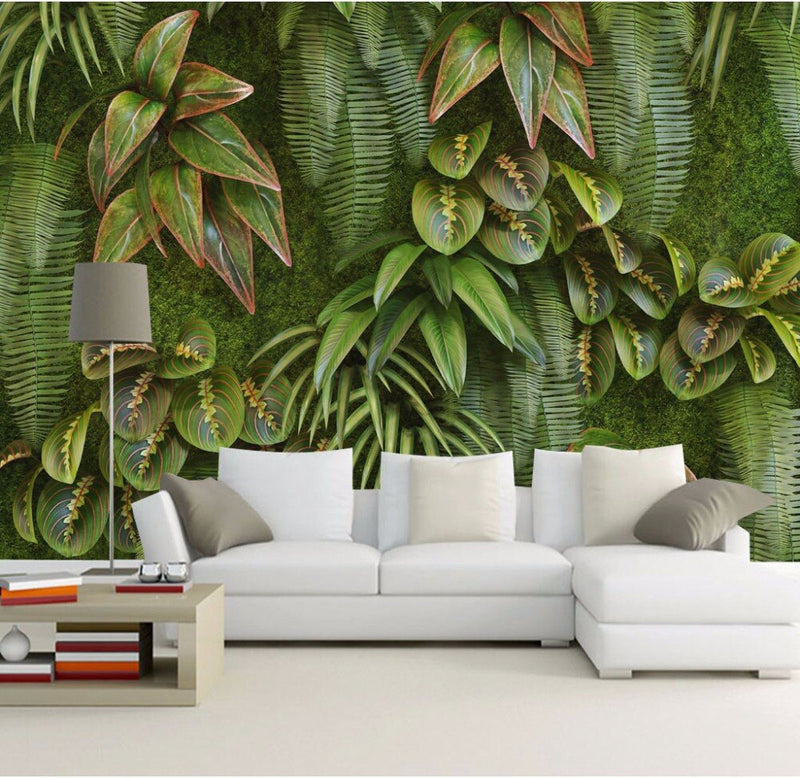 Mural de Papel tapiz de hoja verde 8d, pegatinas de pared para sala de estar, foto Mural 8d, decoración de flores en 3D, calcomanías artísticas