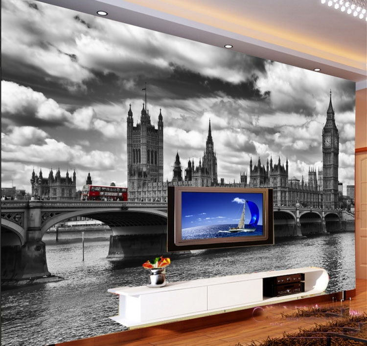 Murales de Papel 3D Vintage para sala de estar, Papel tapiz de seda para fondo de TV, paisaje de construcción de ciudad, blanco y negro, foto 3d del Big Ben