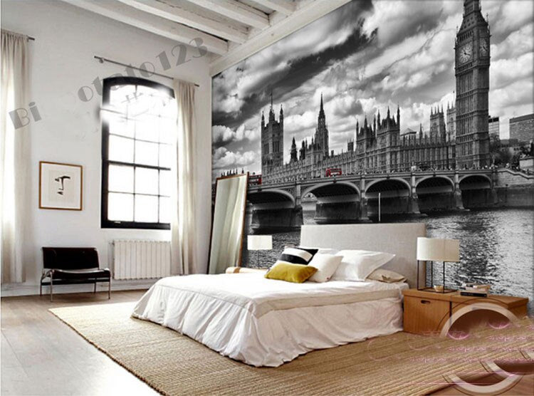Murales de Papel 3D Vintage para sala de estar, Papel tapiz de seda para fondo de TV, paisaje de construcción de ciudad, blanco y negro, foto 3d del Big Ben