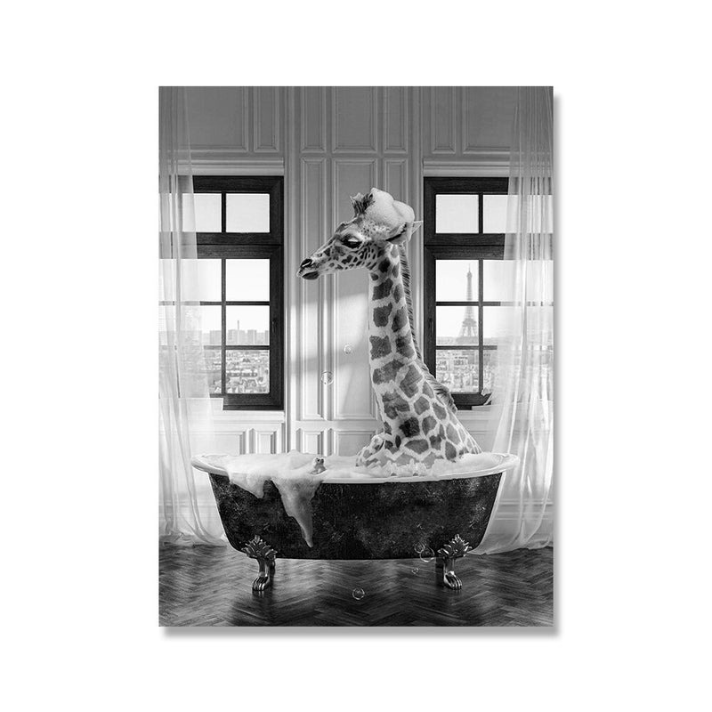 Póster con estampado de Animal in Bathtub para decoración del hogar, lienzo de pintura de jirafa, Camel, elefante, Panda para cuarto de baño, imágenes artísticas de pared para habitación de niños