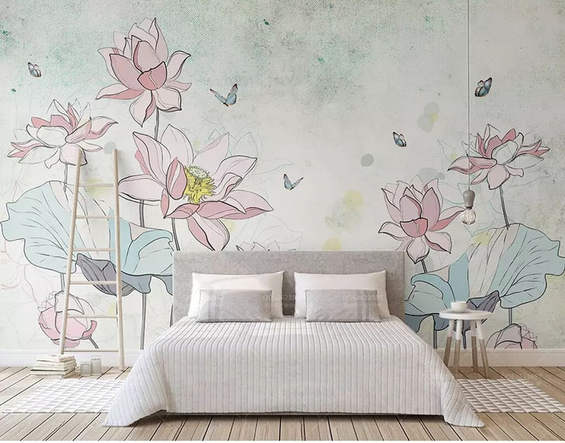 Papel de pared Vintage 8d pintado a mano, pegatina de papel tapiz de mariposa de loto 3D para decoración de murales de pared de sala de estar