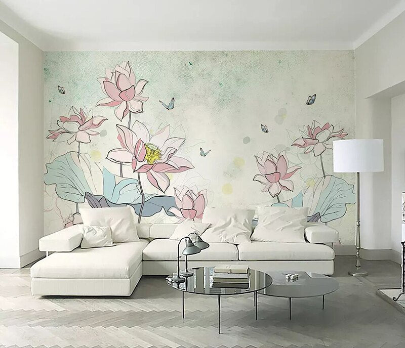 Papel de pared Vintage 8d pintado a mano, pegatina de papel tapiz de mariposa de loto 3D para decoración de murales de pared de sala de estar