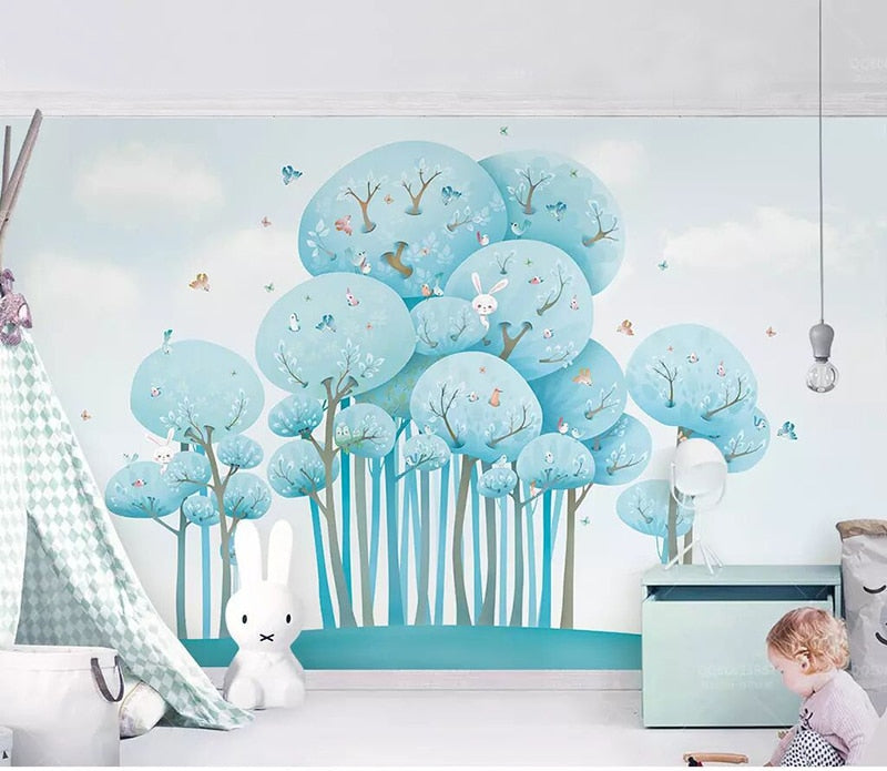 Papel de pared de dibujos animados, Mural 3D de bosque, conejo, pájaro pequeño, pegatina de papel para habitación de niños, murales de pared de fondo
