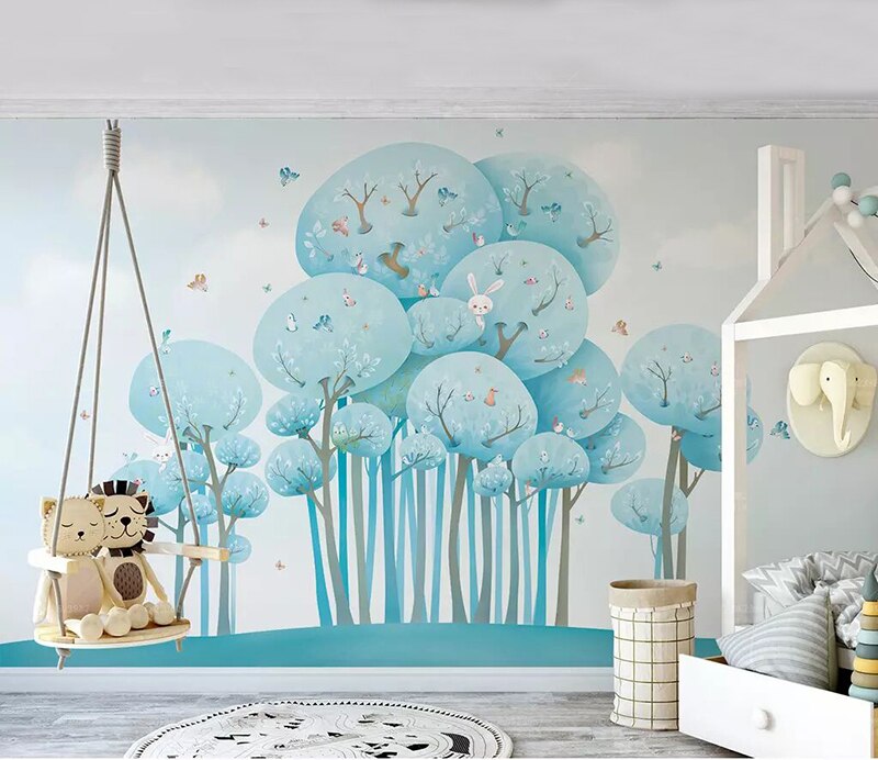 Papel de pared de dibujos animados, Mural 3D de bosque, conejo, pájaro pequeño, pegatina de papel para habitación de niños, murales de pared de fondo