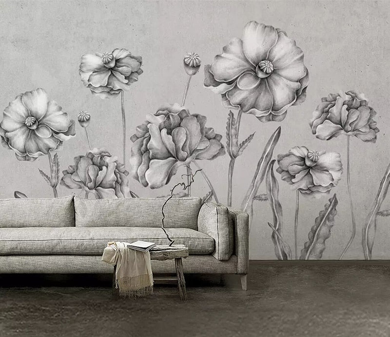 Papel de pared pintado a mano abstracto 8d, Mural 3D de flores blancas y negras, papel adhesivo para decoración de murales de pared de sala de estar