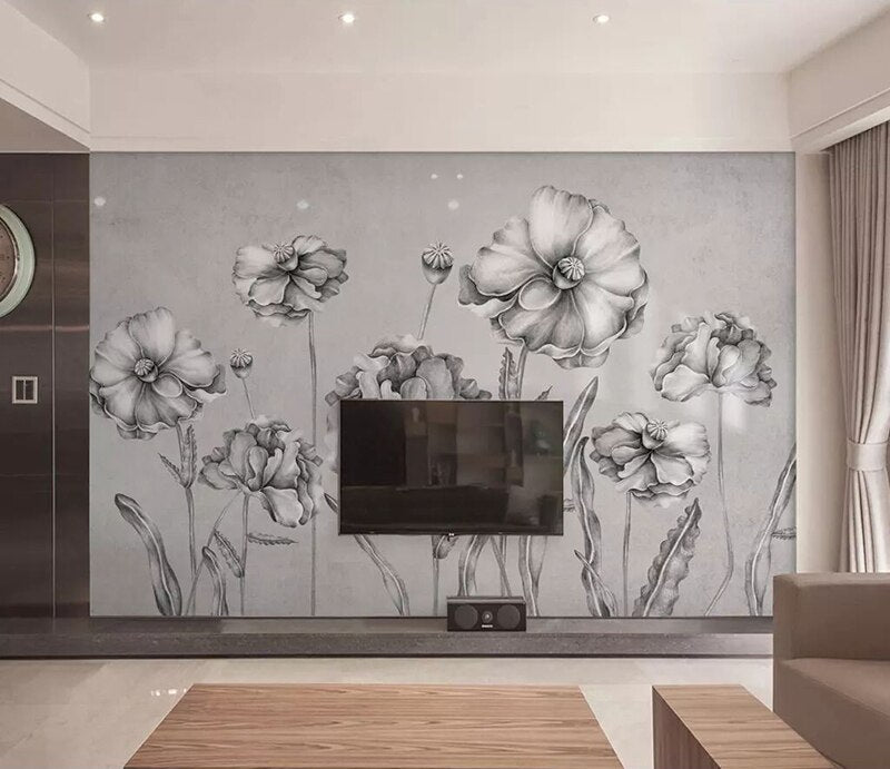 Papel de pared pintado a mano abstracto 8d, Mural 3D de flores blancas y negras, papel adhesivo para decoración de murales de pared de sala de estar