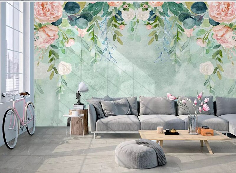 Papel de pared pintado a mano del norte de Europa, Mural 3D de acuarela, flor de dibujos animados, papel tapiz adhesivo para decoración de sala de estar