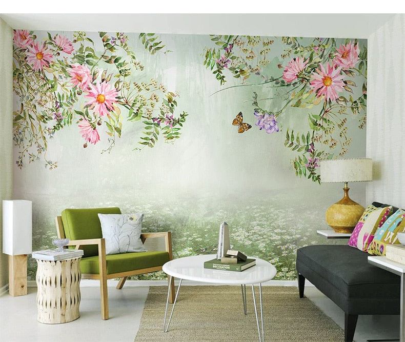Papel tapiz 3D para murales de pared, Mural de flores para sala de estar, pintado a mano, pintura al óleo colorida, mural adhesivo elegante y silencioso