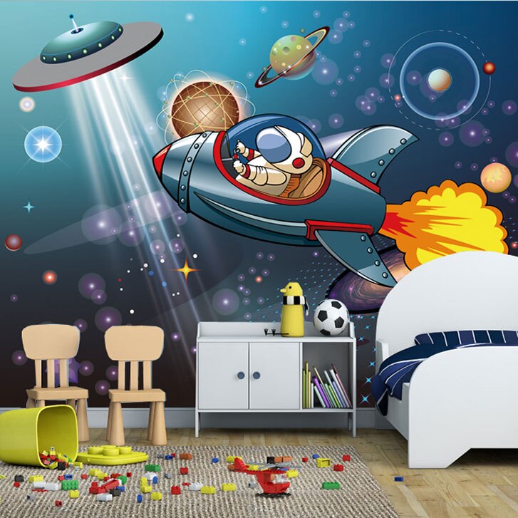 Papel tapiz 3d de dibujos animados para habitación de niños, pegatina de pared, Mural de fotos 3d del universo del espacio exterior