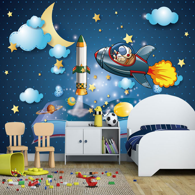 Papel tapiz 3d de dibujos animados para habitación de niños, pegatina de pared, Mural de fotos 3d del universo del espacio exterior