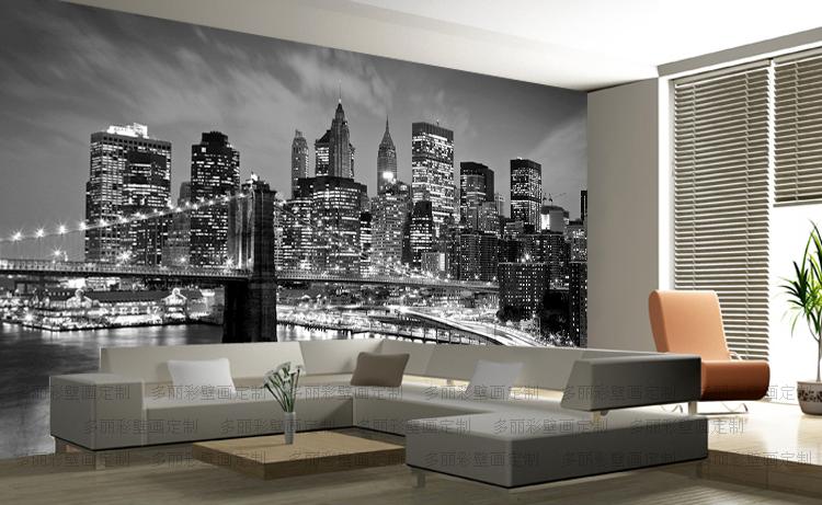 Papel tapiz blanco y negro de paisaje nocturno de la ciudad de Nueva York, Mural fotográfico 3d, papel de pared para sala de estar, murales de pared 3d, pegatina de fondo de TV