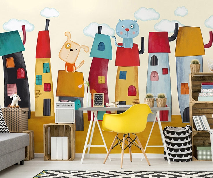 Papel tapiz de Casa de dibujos animados, Mural de Foto de pared 3d para habitación de niños, jardín de infantes, sofá, fondo 8d, decoración de Mural de pared