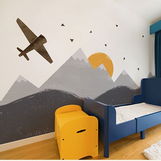 Papel tapiz de avión de Sol de montaña de dibujos animados en 3d, Mural fotográfico 3d para habitación de niños, sofá, guardería, pegatinas de papel de pared de dibujos animados en 3d