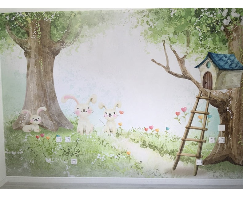 Papel tapiz de dibujos animados para habitación de niños, Mural de Foto de pared 3d con árbol grande, Nido de Pájaro, Fondo de sofá, decoración de papel de pared de conejo 3d