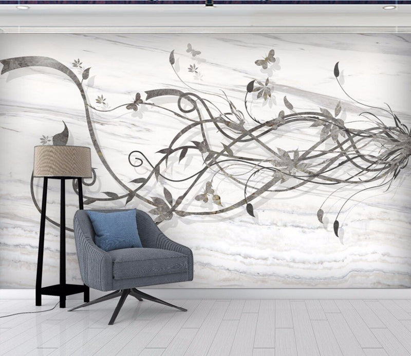 Papel tapiz de flores de seda para pared, pintura de fondo de TV 3D, grande, para sala de estar, Mural de mariposas plateado