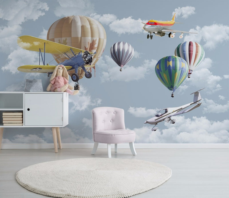 Papel tapiz mural 3D de dibujos animados, pintado a mano, globo aerostático, mural de avión, habitación de niños, Fondo de sofá, papel de pared