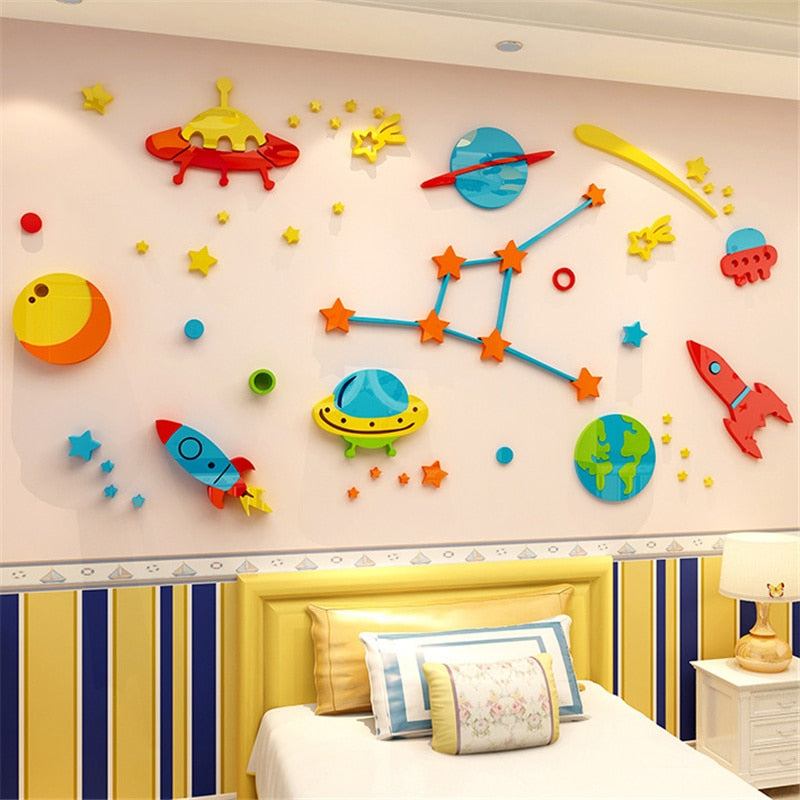 Pegatinas de pared 3D de dibujos animados, nave espacial, papel tapiz para habitación de niños, calcomanías acrílicas de calidad para decoración de fondo de guardería
