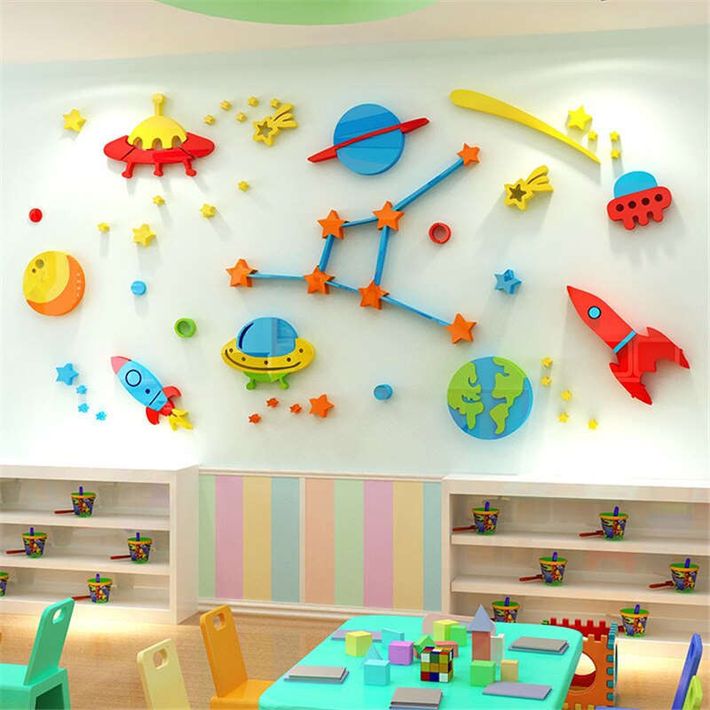 Pegatinas de pared 3D de dibujos animados, nave espacial, papel tapiz para habitación de niños, calcomanías acrílicas de calidad para decoración de fondo de guardería