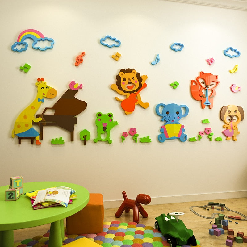 Pegatinas de pared para decoración de guardería, calcomanías de acrílico 3D de dibujos animados de animales para habitación, aula de música