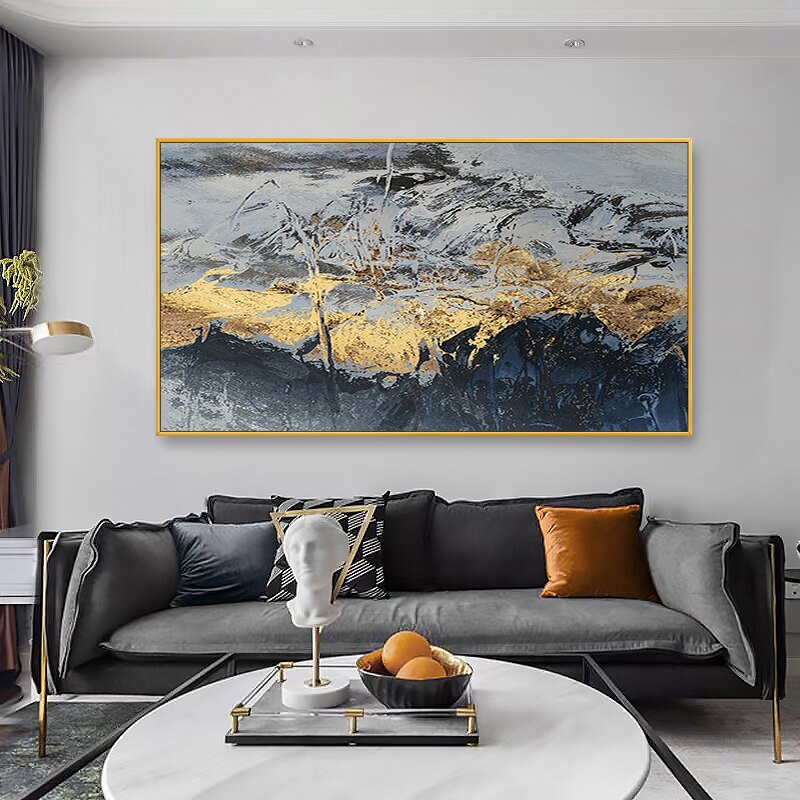 Pintura al óleo abstracta moderna pintada a mano grande 100%, pintura abstracta Original de montaña dorada para arte texturizado de pared del hogar