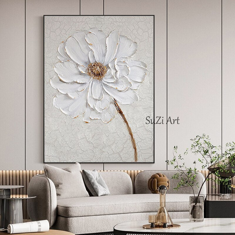 Pintura al óleo de flor blanca abstracta moderna hecha a mano sobre lienzo, imagen artística de pared, Mural colgante para sala de estar, decoración de Hotel sin marco