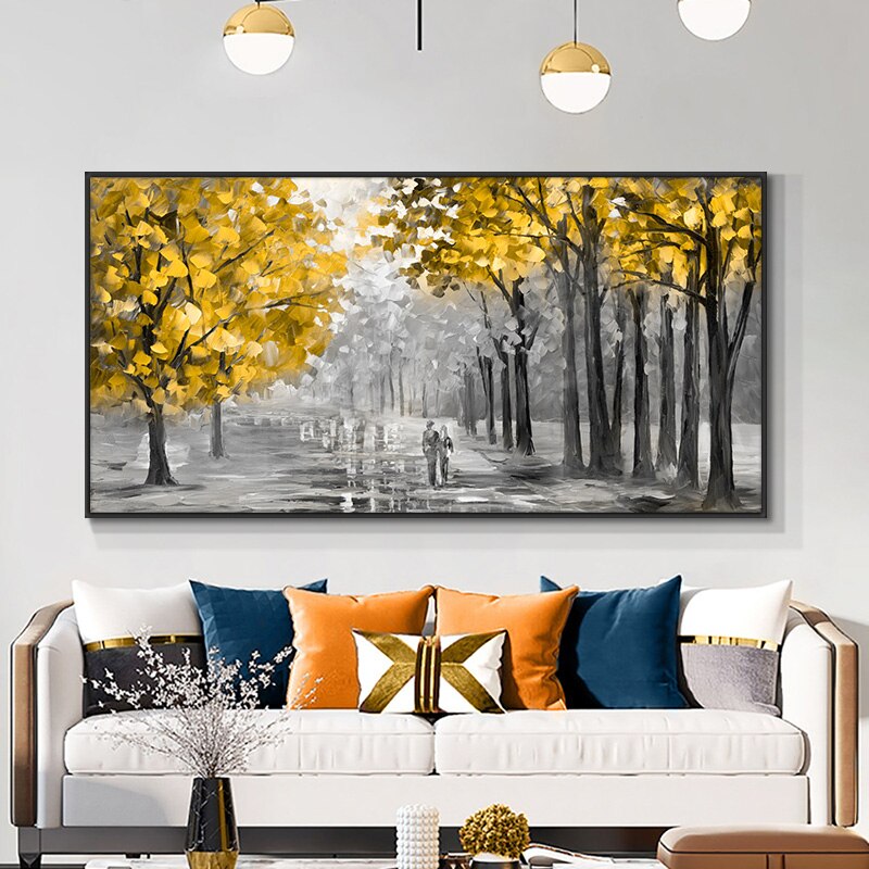 Pintura al óleo de paisaje de bosque de gran tamaño hecha a mano, arte fotográfico de pared para sala de estar, cuchillo amarillo colorido de calle 2022, 100%