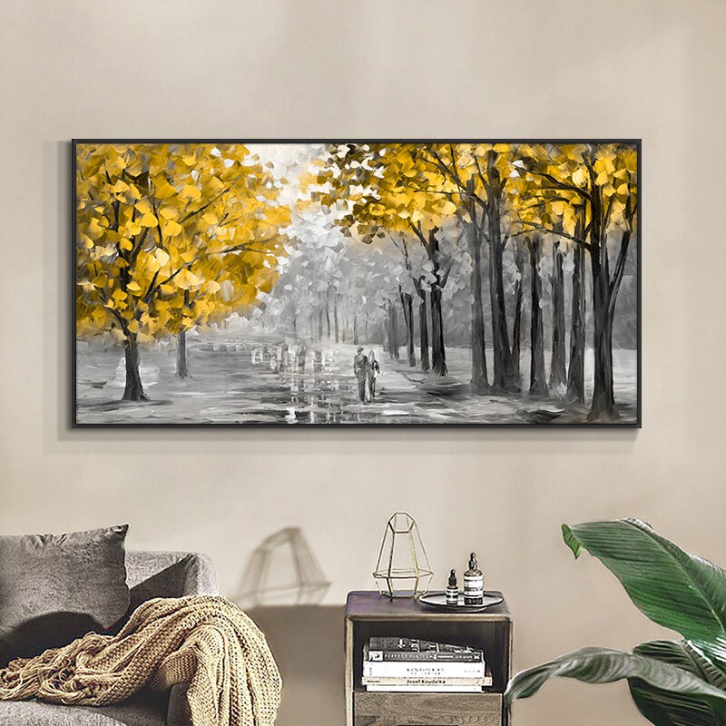 Pintura al óleo de paisaje de bosque de gran tamaño hecha a mano, arte fotográfico de pared para sala de estar, cuchillo amarillo colorido de calle 2022, 100%