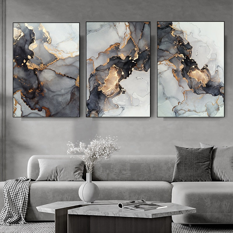 Pintura en lienzo de mármol negro dorado, imagen artística de pared, póster de lujo abstracto moderno e impresión para decoración Interior del hogar y sala de estar