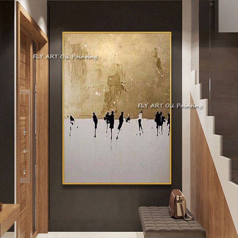 Pinturas abstractas doradas modernas para decoración del hogar, pintura al óleo de lámina dorada hecha a mano para decoración de sala de estar