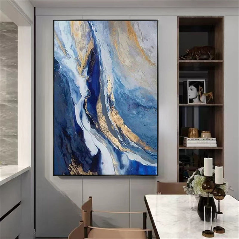 Pinturas al óleo sobre lienzo de paisaje texturizado dorado y azul hechas a mano, imágenes artísticas de pared para decoración de sala de estar