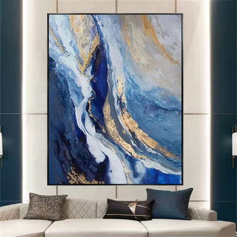 Pinturas al óleo sobre lienzo de paisaje texturizado dorado y azul hechas a mano, imágenes artísticas de pared para decoración de sala de estar